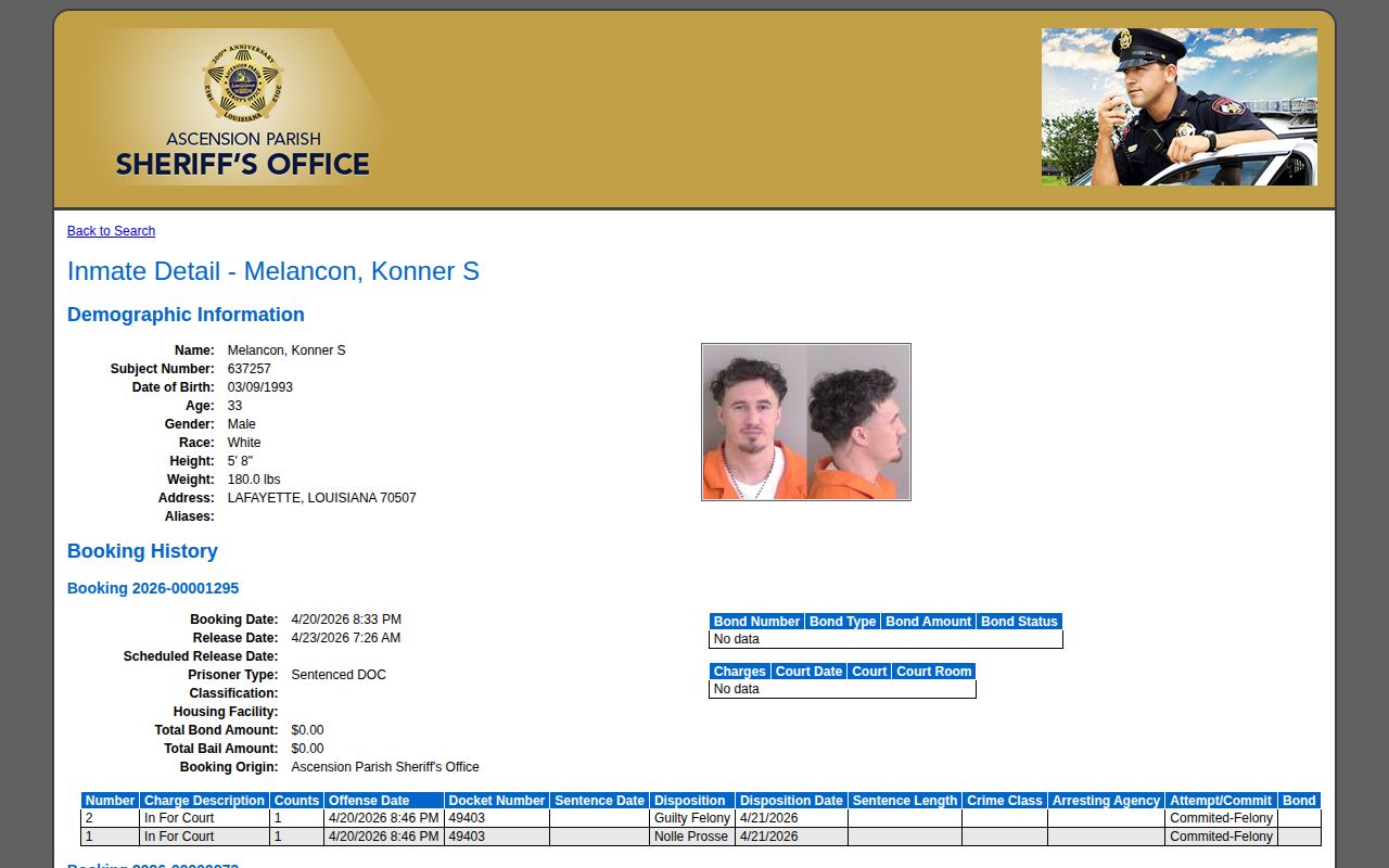 Ascension Parish release procedure and jail record source