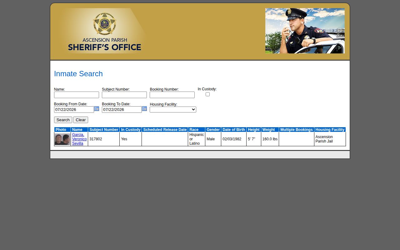 Ascension Parish 24 hour release search fields