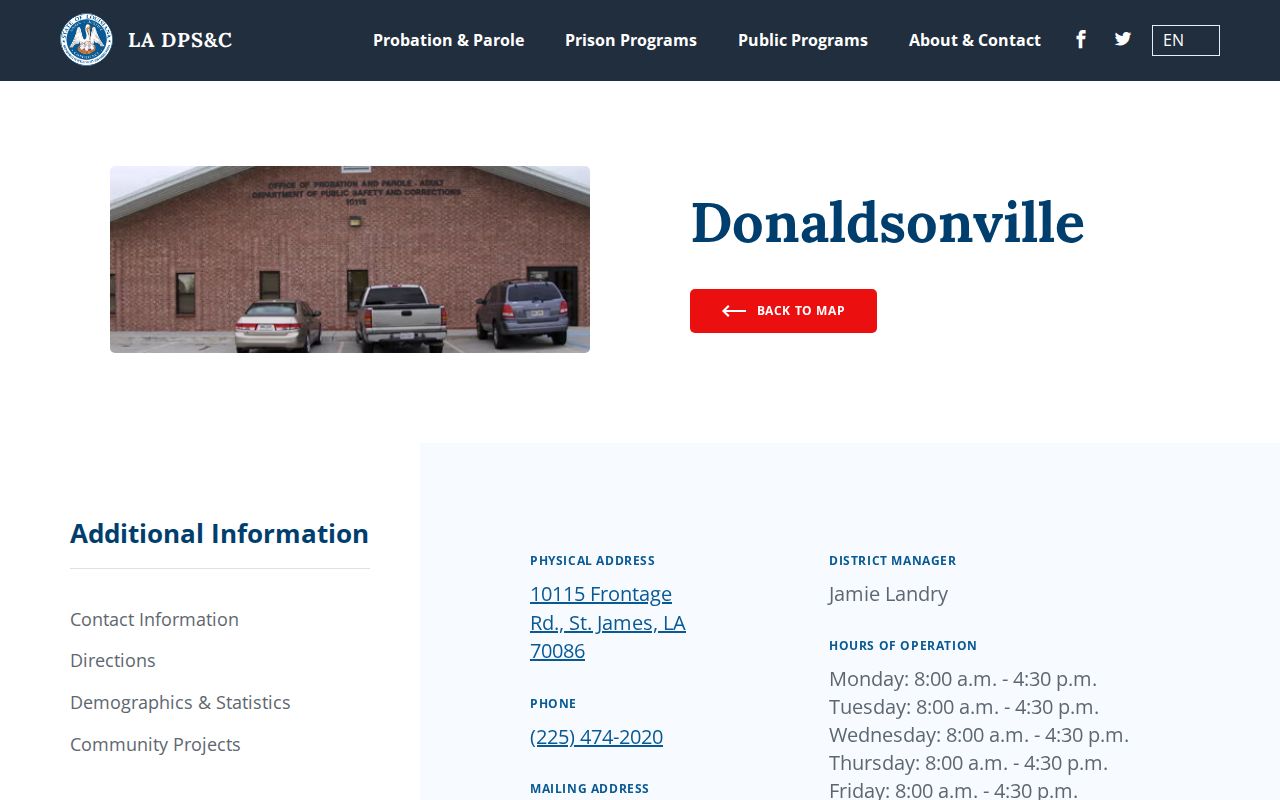 Donaldsonville District office information for Ascension Parish parole and probation